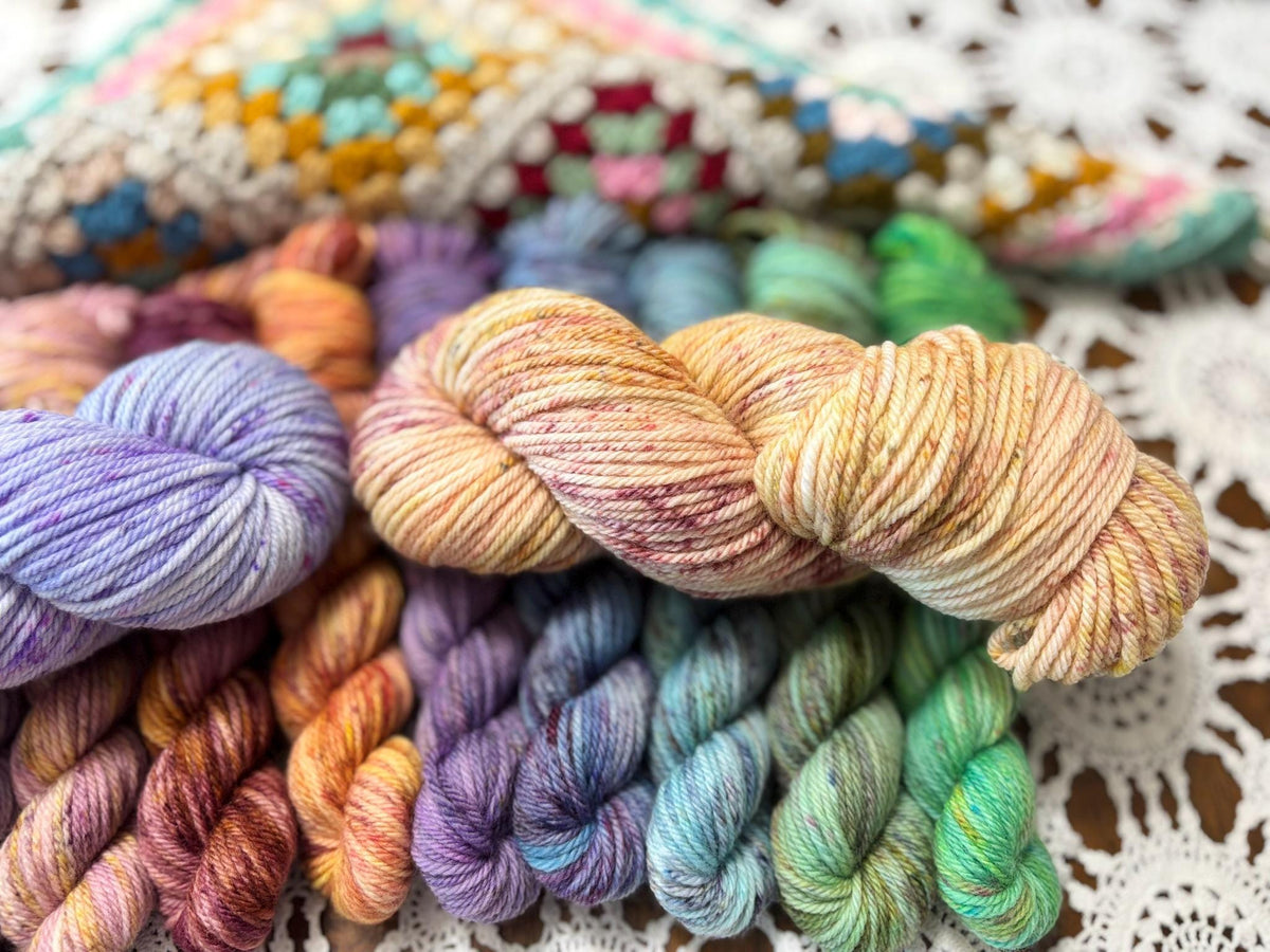 Colour Pop Blanket Bits Deluxe Pack – 10 Mini Skeins + 2 x 50g Skeins Hand Dyed Merino, 8ply, 675m, 75% Merino 25% Nylon