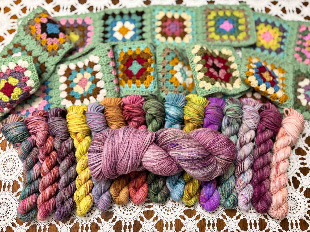 Colour Pop Blanket Bits Deluxe Pack – 15 Mini Skeins + 100g Skein Hand Dyed Merino, 8ply, 910m, 75% Merino 25% Nylon