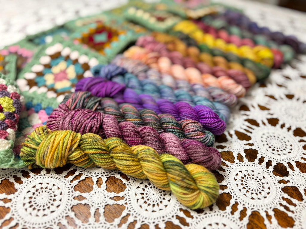 Colour Pop Blanket Bits Deluxe Pack – 15 Mini Skeins + 100g Skein Hand Dyed Merino, 8ply, 910m, 75% Merino 25% Nylon