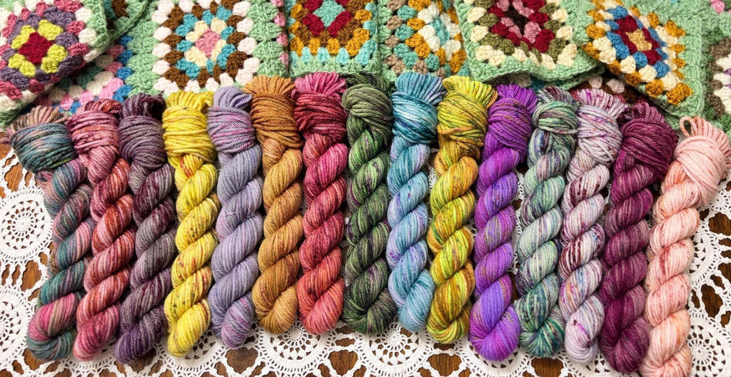 Colour Pop Blanket Bits Deluxe Pack – 15 Mini Skeins + 100g Skein Hand Dyed Merino, 8ply, 910m, 75% Merino 25% Nylon