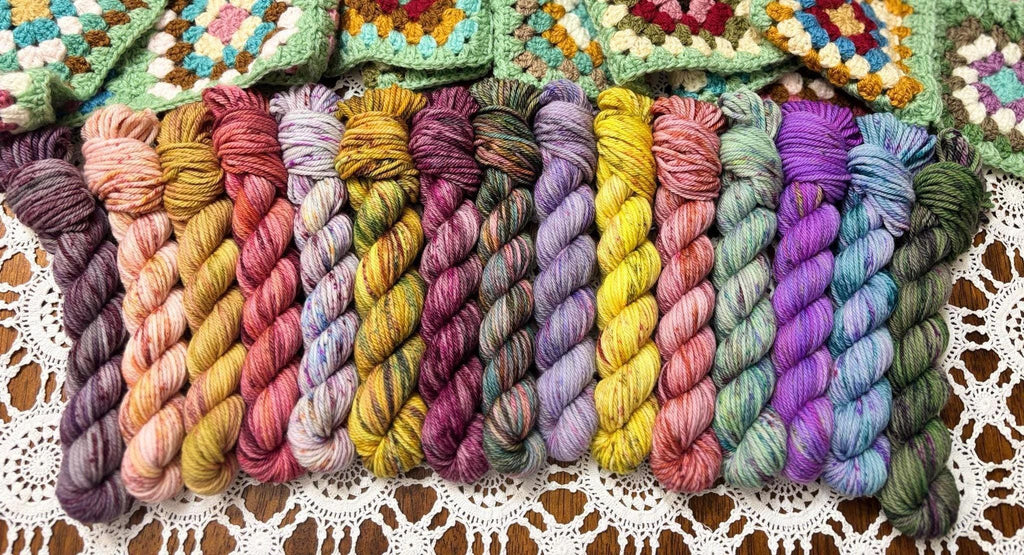 Colour Pop Blanket Bits Deluxe Pack – 15 Mini Skeins + 100g Skein Hand Dyed Merino, 8ply, 910m, 75% Merino 25% Nylon