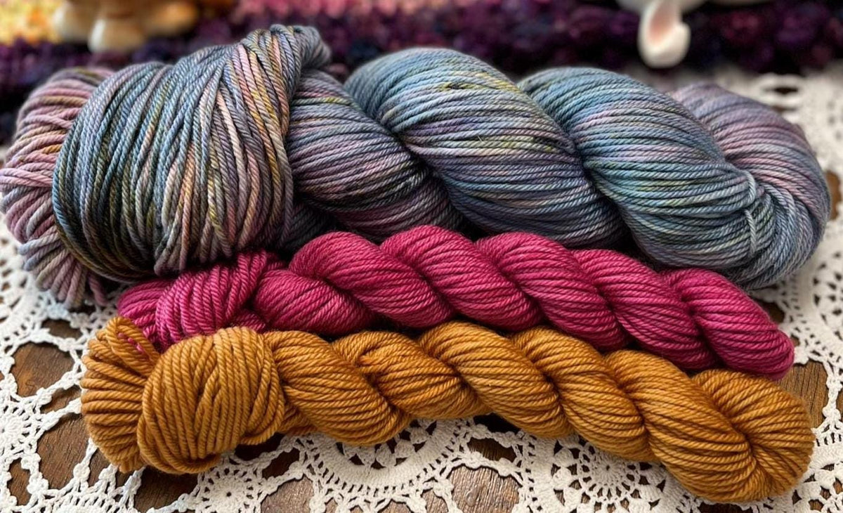 Silly Socks Set 01 Faded Blue/Pink – 2 Mini Skeins + 1 x 100g Skein Hand Dyed Merino, 8ply, 75% Merino 25% Nylon