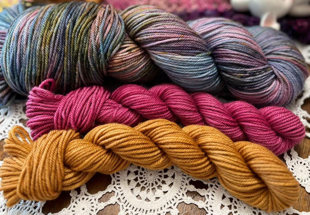 Silly Socks Set 02 Faded Blue/Pink – 2 Mini Skeins + 1 x 100g Skein Hand Dyed Merino, 8ply, 75% Merino 25% Nylon