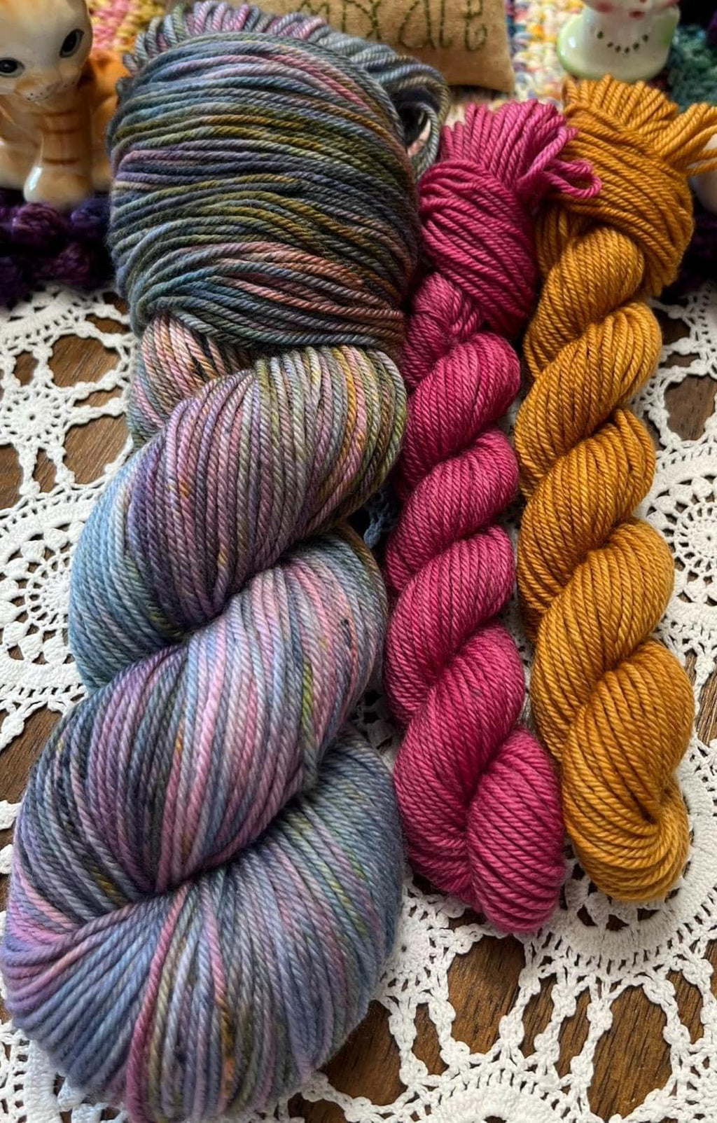Silly Socks Set 02 Faded Blue/Pink – 2 Mini Skeins + 1 x 100g Skein Hand Dyed Merino, 8ply, 75% Merino 25% Nylon