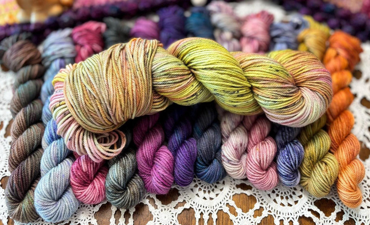 Hallowed Deluxe Blanket Bits Pack – 12 Mini Skeins + 100g Skein Hand Dyed Merino, 8ply, 752m, 75% Merino 25% Nylon