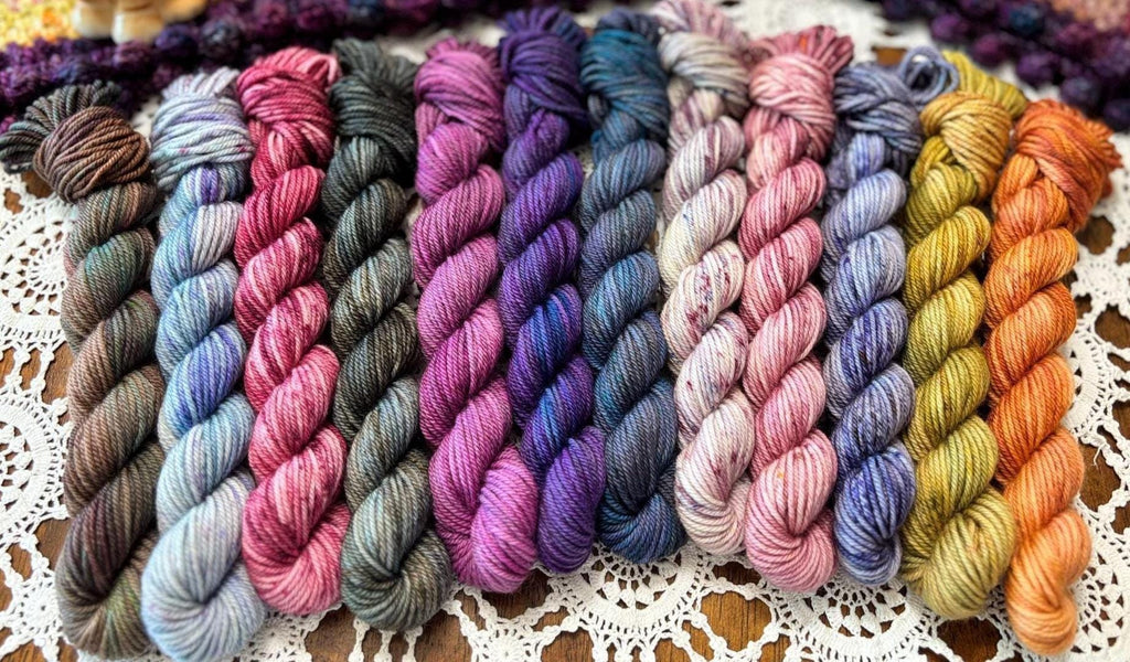 Hallowed Deluxe Blanket Bits Pack – 12 Mini Skeins + 100g Skein Hand Dyed Merino, 8ply, 752m, 75% Merino 25% Nylon