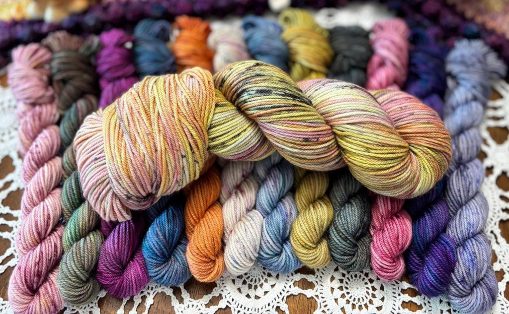 Hallowed Deluxe Blanket Bits Pack – 12 Mini Skeins + 100g Skein Hand Dyed Merino, 8ply, 752m, 75% Merino 25% Nylon