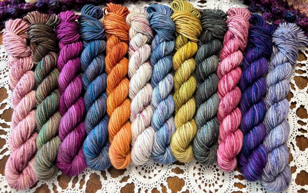 Hallowed Deluxe Blanket Bits Pack – 12 Mini Skeins + 100g Skein Hand Dyed Merino, 8ply, 752m, 75% Merino 25% Nylon