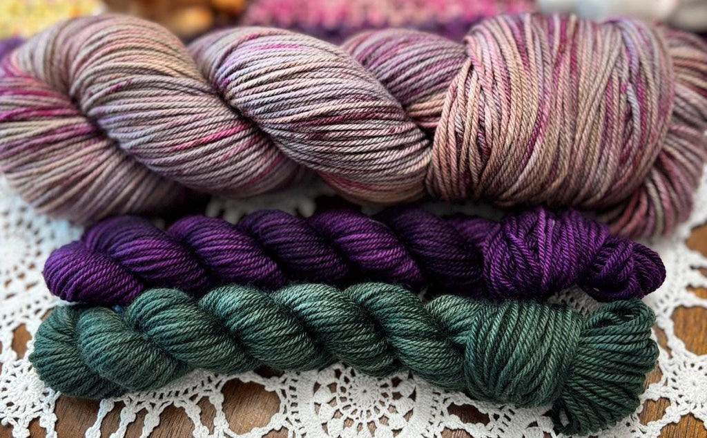 Silly Socks Set 01 Dark Plum – 2 Mini Skeins + 1 x 100g Skein Hand Dyed Merino, 8ply, 75% Merino 25% Nylon