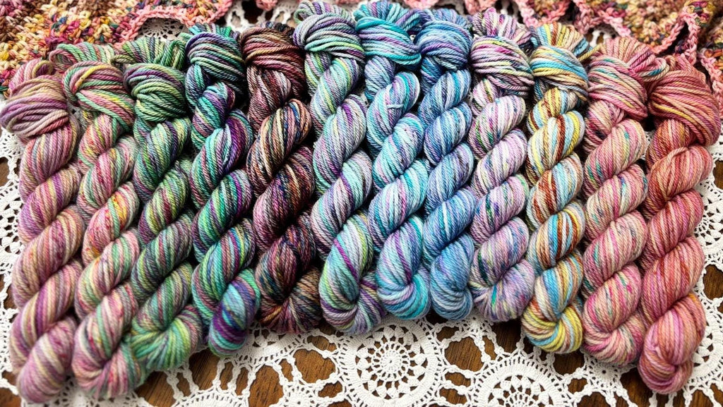 Mermaids Keep Deluxe Pack – 12 Mini Skeins + 100g Skein Hand Dyed Merino, 8ply, 752m, 75% Merino 25% Recycled Nylon
