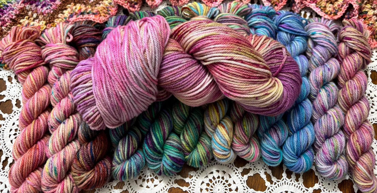 Mermaids Keep Deluxe Pack – 12 Mini Skeins + 100g Skein Hand Dyed Merino, 8ply, 752m, 75% Merino 25% Recycled Nylon
